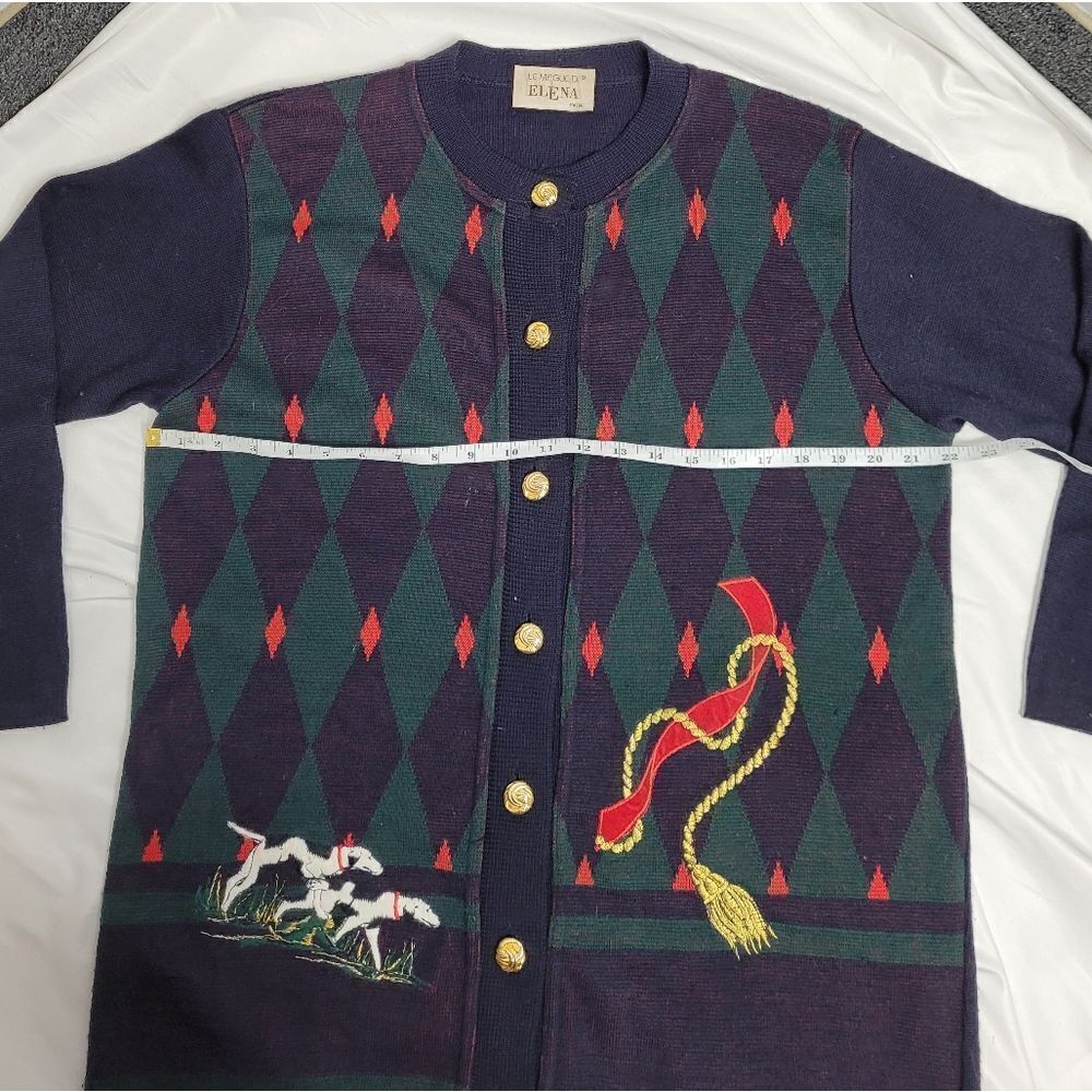 VINTAGE 80s cardigan embroidered dogs equestrian wool button up sweater M - Picture 9 of 10